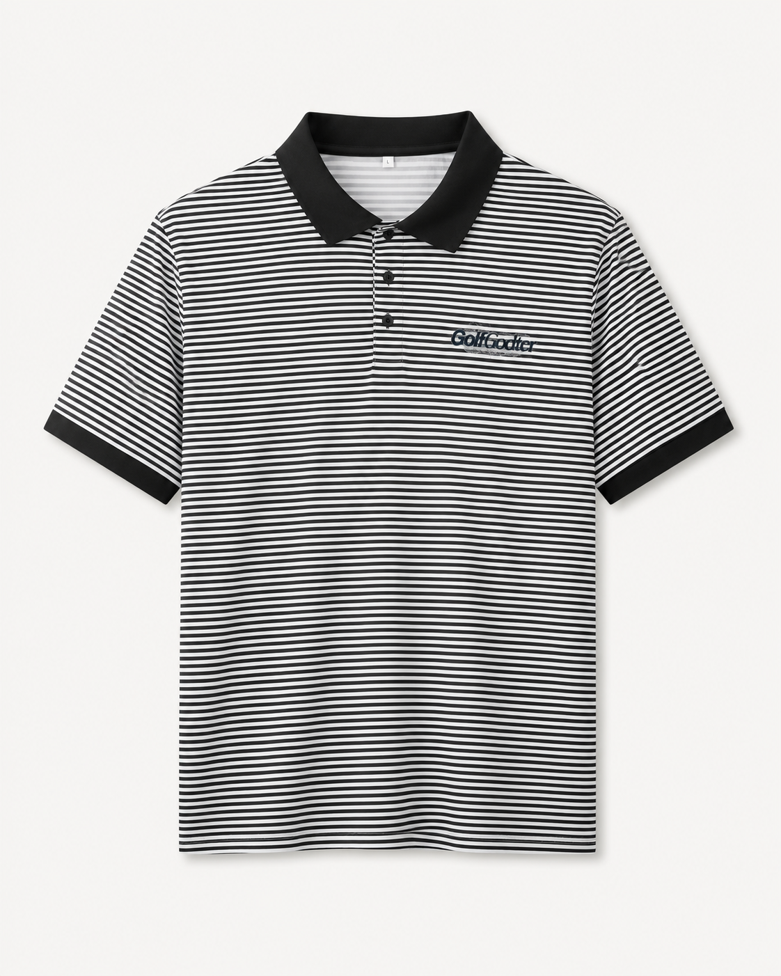 Back Nine Stripe golfpolo med sorte og hvide striber, sort krave og knaplukning