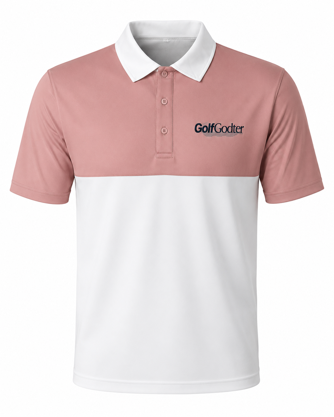Clubhouse Block golfpolo i støvet rosa og hvid med hvid kontrastkrave og mørkt GolfGodter-logo på brystet